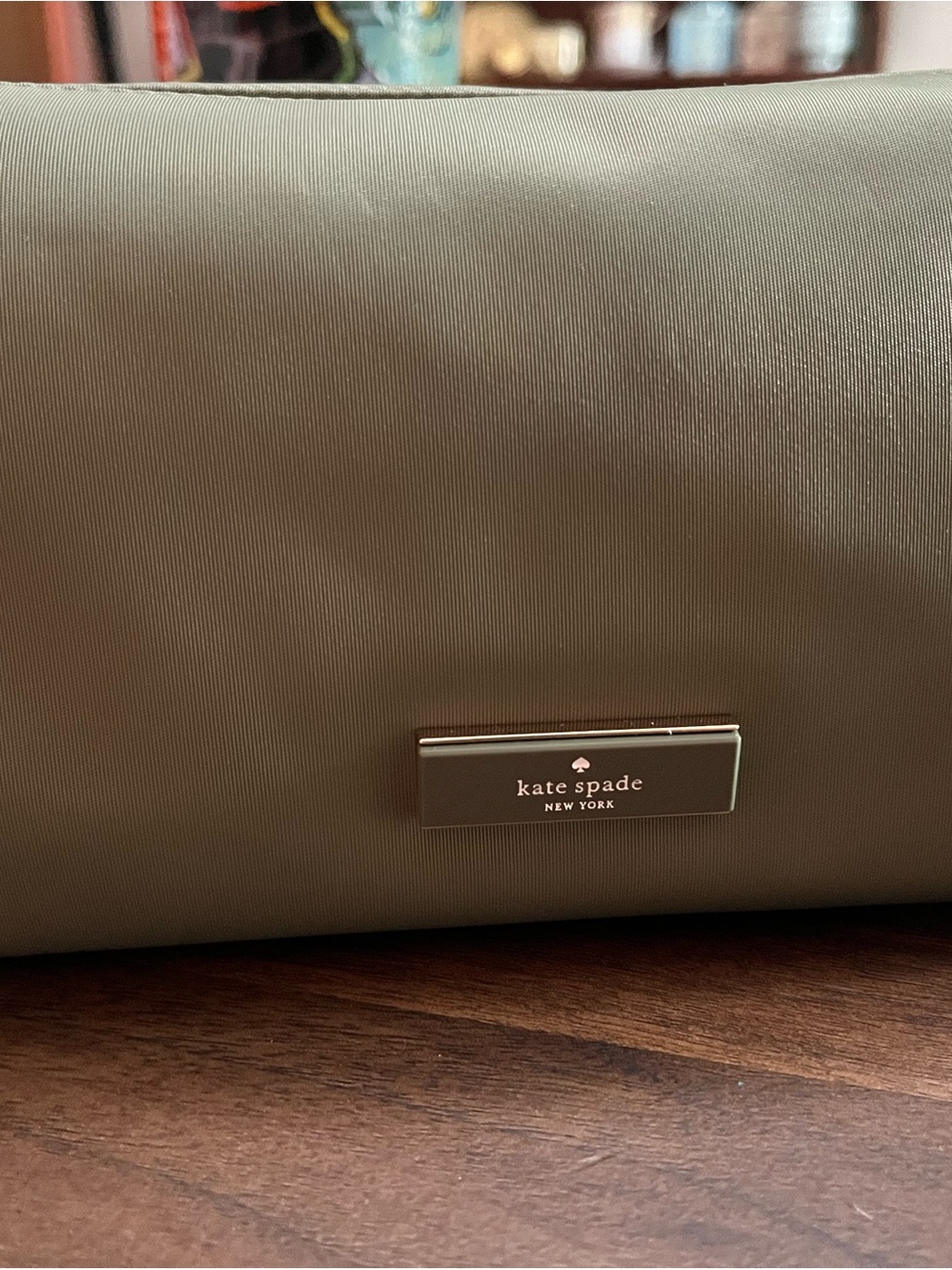 kate spade Olive Green Satin Clutch with Logo Plaque